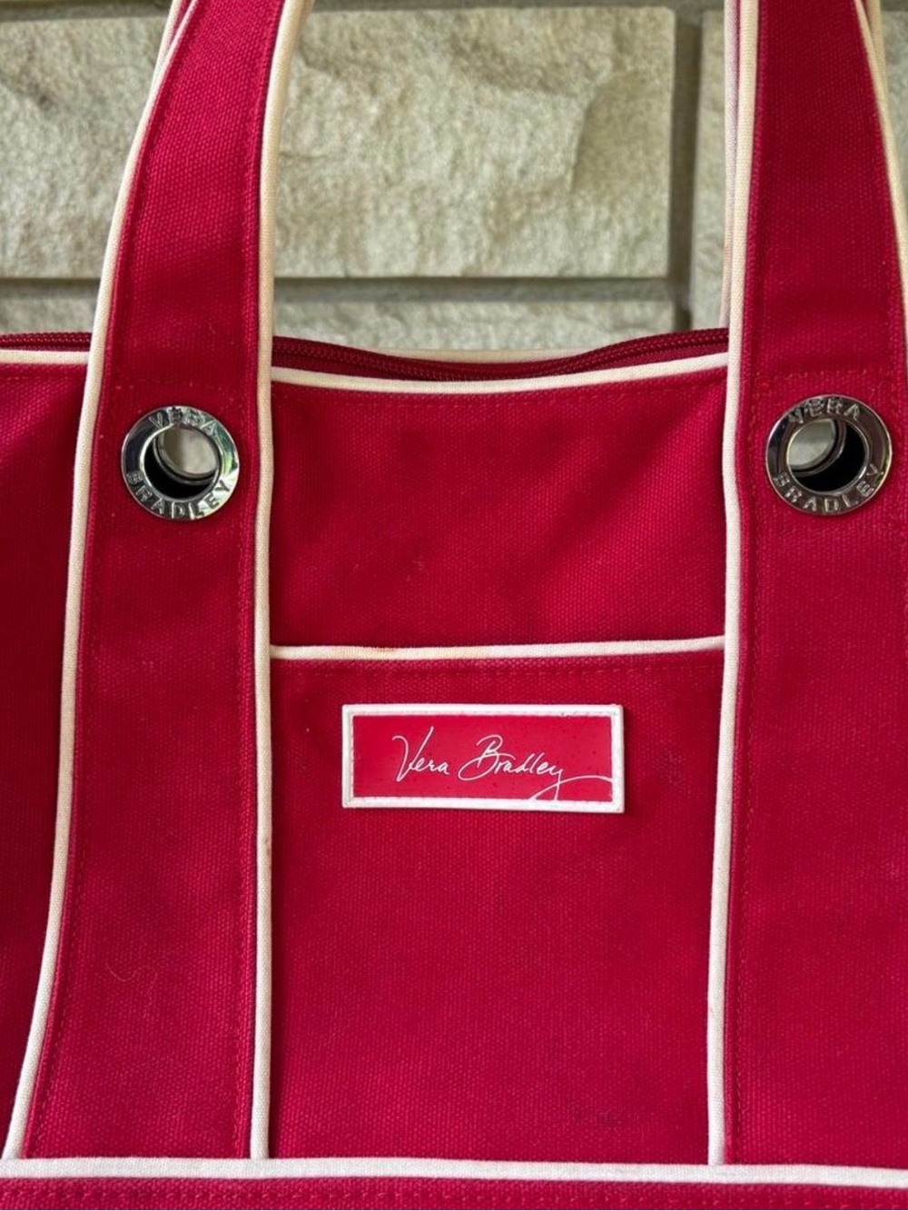 Rare Vera Bradley Red Canvas Tote with White Piping & Floral Interior - Picture 3 of 7